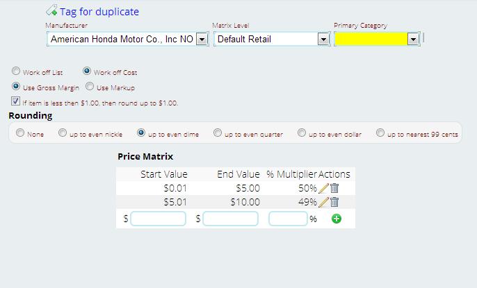 setting up price matrix